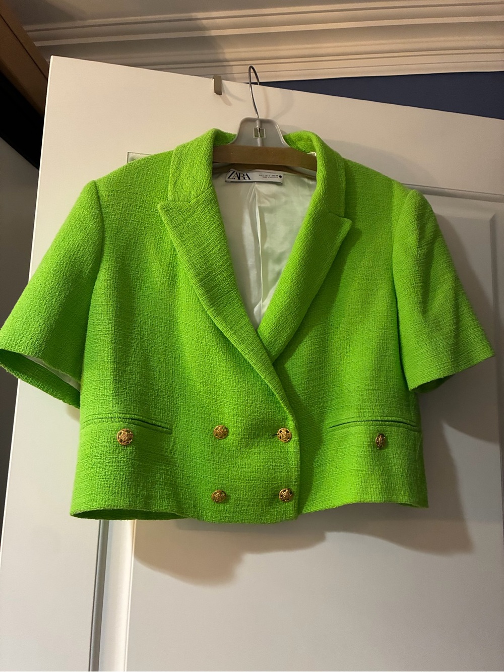 Zara Bright Lime Cropped Double-Breasted Blazer
